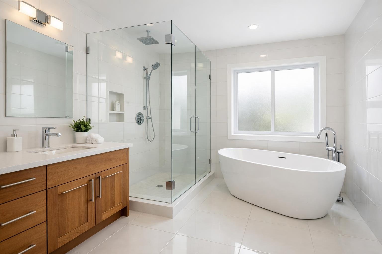 A modern bathroom with a glass shower, freestanding bathtub, wooden vanity, and natural light coming through a window.
