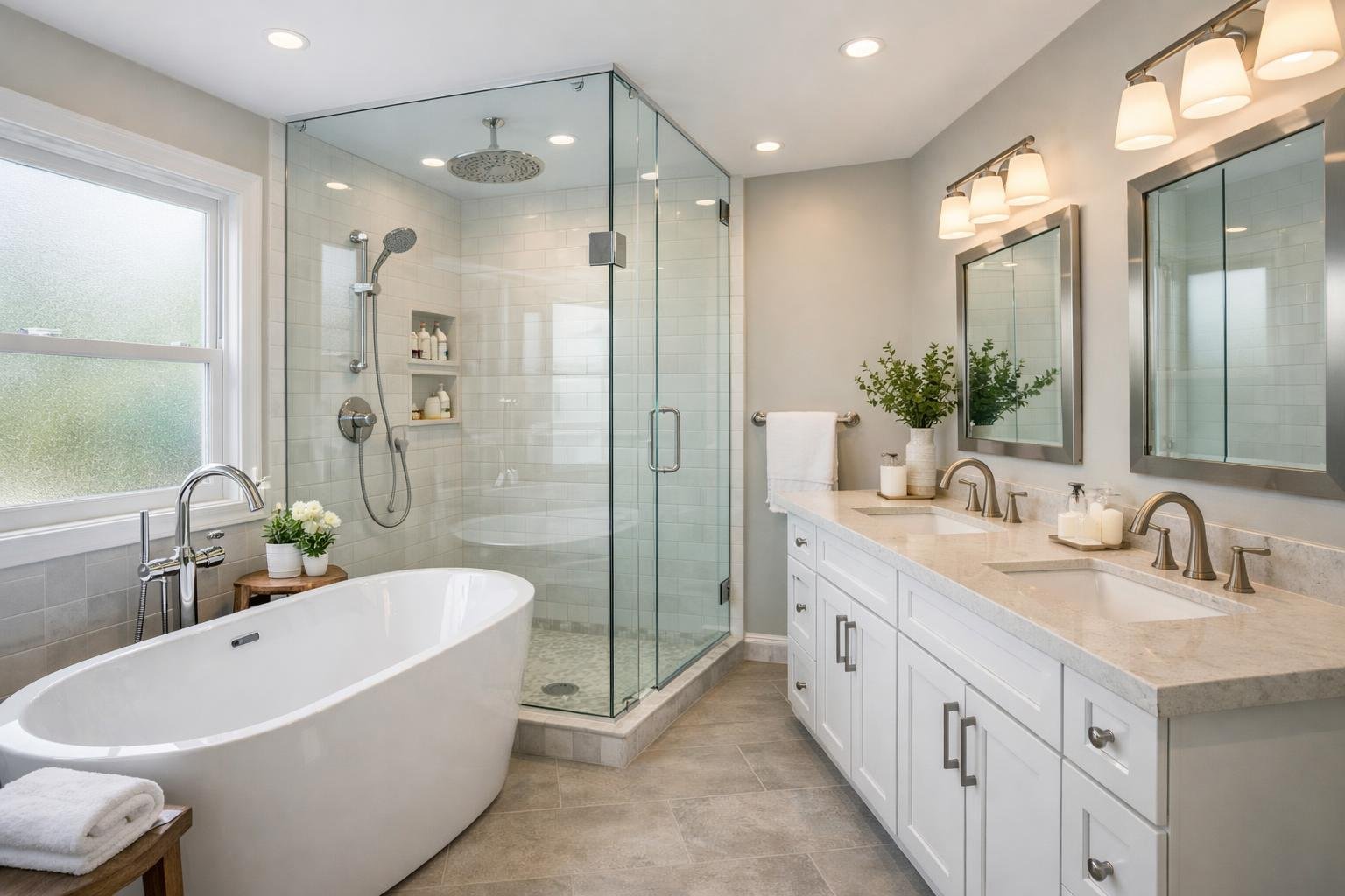 A spacious, modern bathroom with a freestanding bathtub, glass shower, double vanity, and natural light coming through a window.