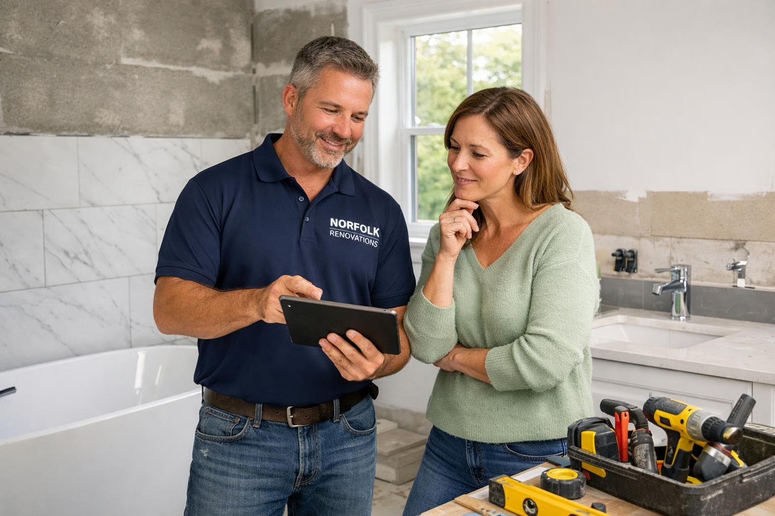 Homeowner and contractor discussing bathroom renovation plans in a bright bathroom under renovation.
