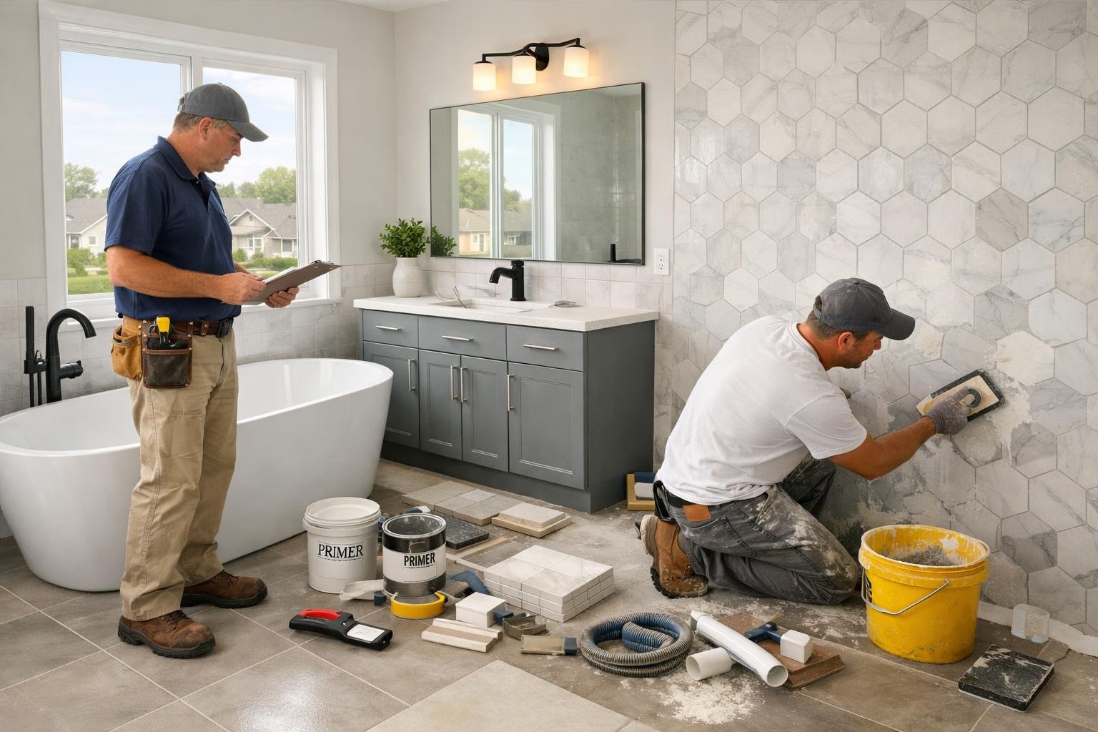 A bathroom being renovated with new fixtures, tiles, and construction tools inside a residential home.